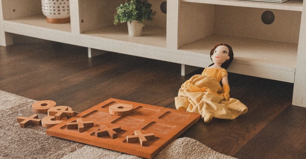 夏の朝、リビングで家族がライトなボードゲームを囲んで遊んでいる様子。ゆったりとした雰囲気で楽しい1日のスタート