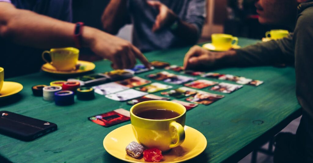 ボードゲームの比較表を見ながら選ぶ家族。年齢や人数に合ったゲームを検討している。