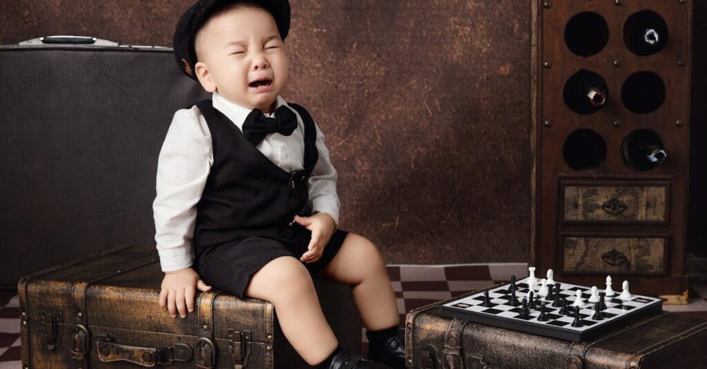 感情が高ぶる子どもに優しく声をかけながらボードゲームを続ける家族