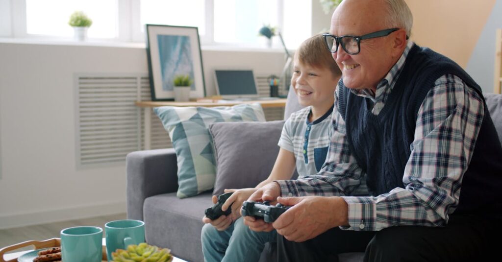 祖父母を含む家族が、簡単で楽しいボードゲームを楽しんでいる。笑顔と会話が絶えないリビングの様子。