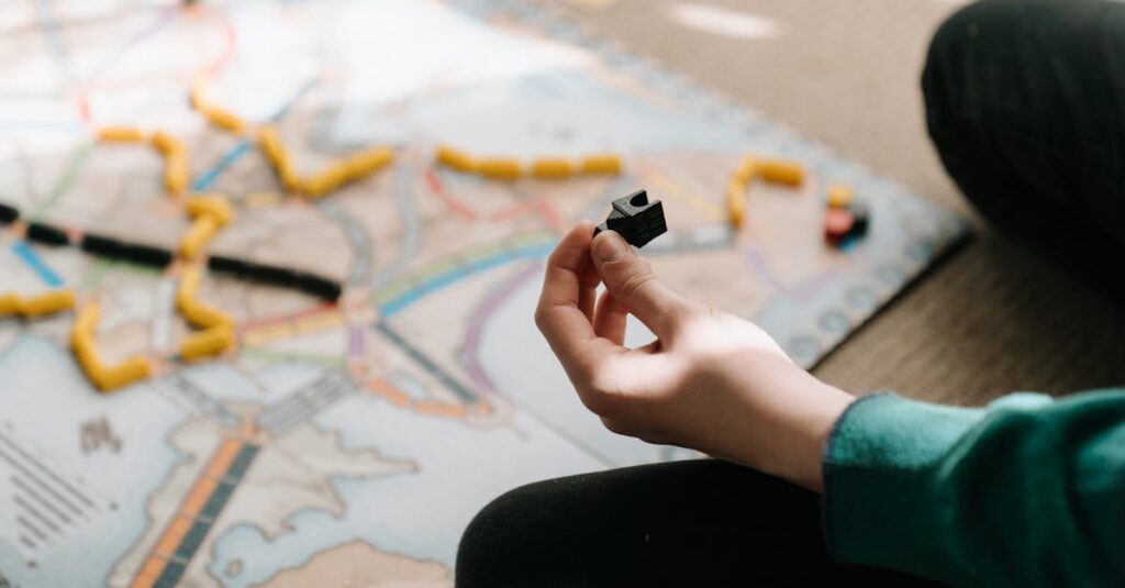 所要時間を確認しながら、家族で遊ぶボードゲームを選んでいる。短時間と長時間どちらも検討中の場面。