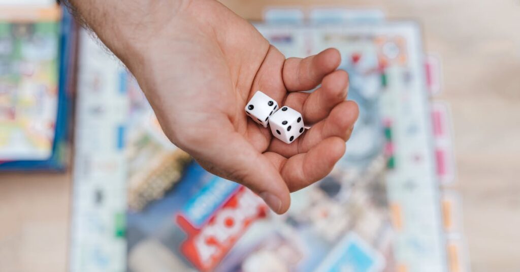 初心者が最初のボードゲームを選び、テーブルに並べて楽しむ準備をしているシーン。