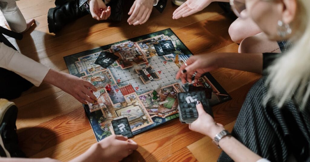 家族が協力型ボードゲームをプレイしながら戦略を話し合っている様子