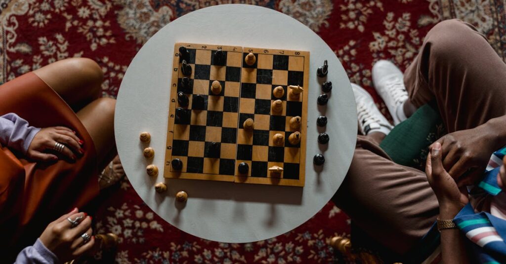 人数と所要時間を考慮してボードゲームを選ぶ家族の様子