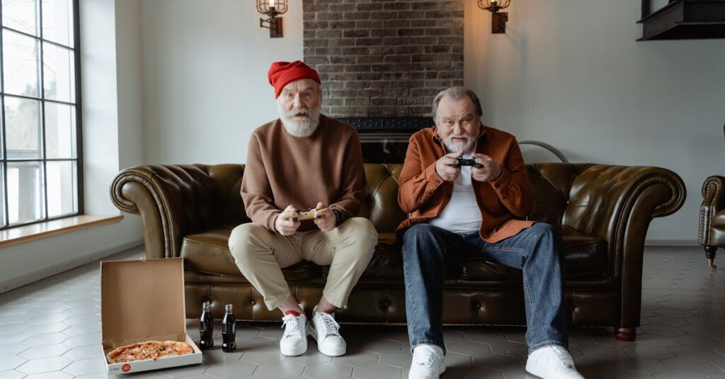 祖父母を含む家族が、簡単で楽しいボードゲームを楽しんでいる。笑顔と会話が絶えないリビングの様子。