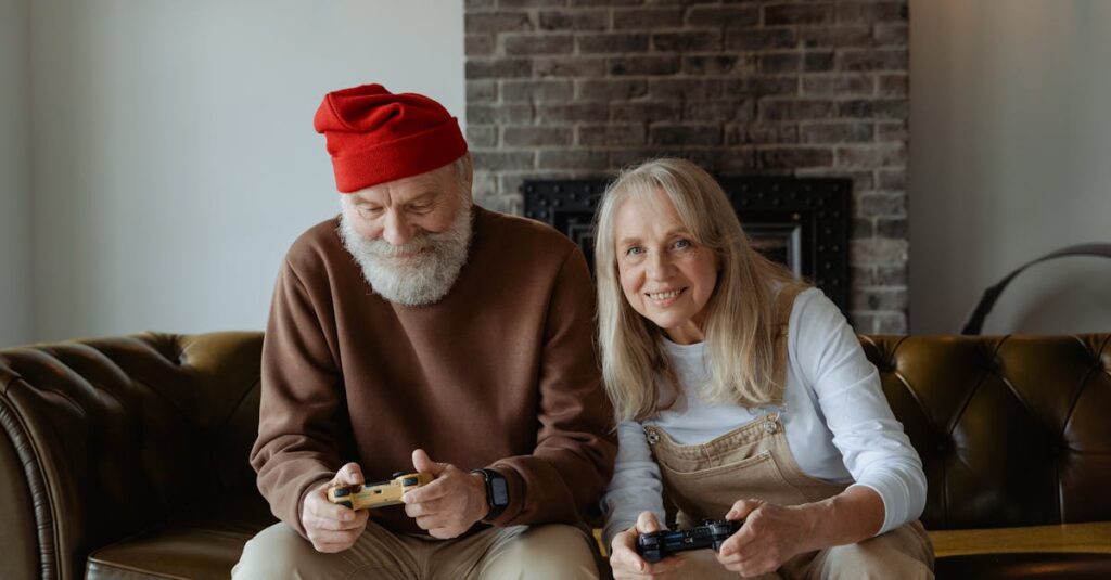 祖父母を含む家族が、簡単で楽しいボードゲームを楽しんでいる。笑顔と会話が絶えないリビングの様子。