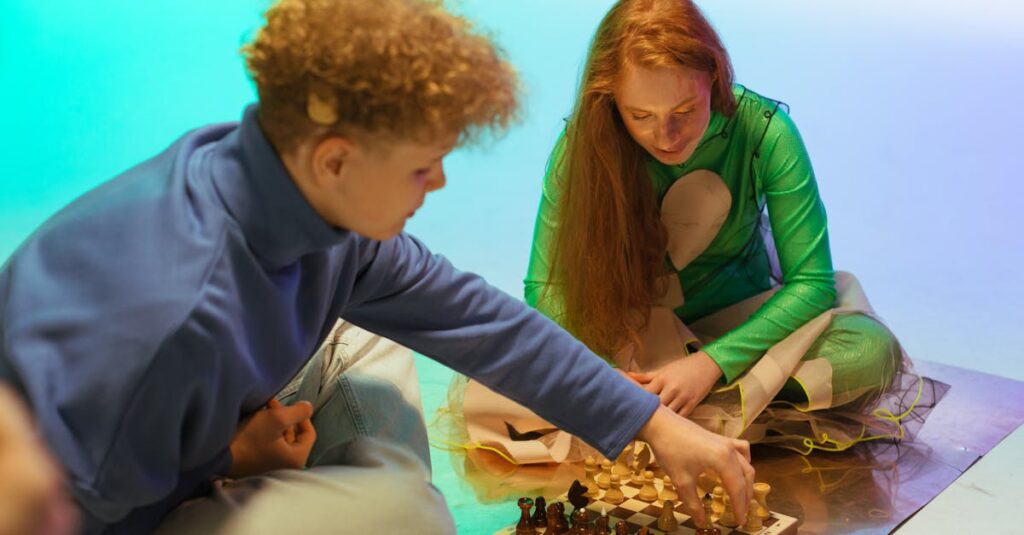 中高生と大人が戦略的なボードゲームで真剣勝負。知的な駆け引きが楽しい時間。