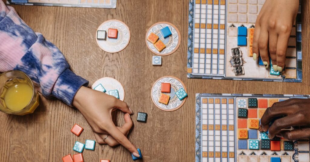 初心者が最初のボードゲームを選び、テーブルに並べて楽しむ準備をしているシーン。