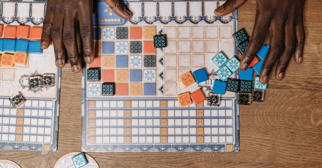 ボードゲームを選ぶ際、家族の年齢や人数を確認している様子。ゲームパッケージの裏面に注目している場面。