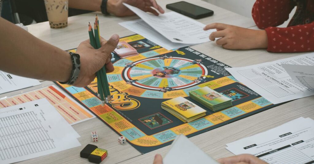 楽しそうなパーティーでボードゲームを選ぶ人々の様子