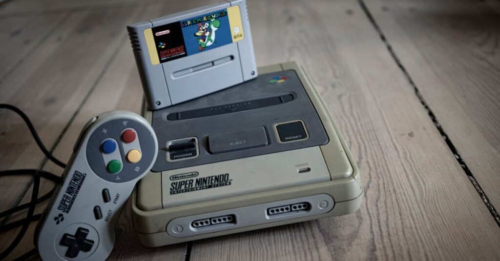 リビングで家族全員がテレビゲームをプレイしている様子。ソファに座ってコントローラーを握り、笑顔で画面を見つめている。