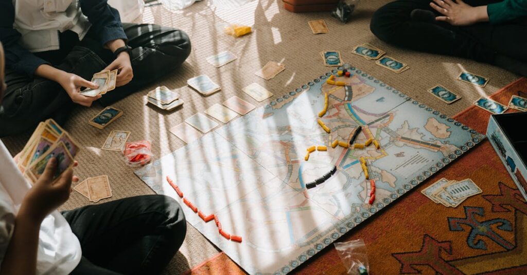 家庭で子どもがボードゲームを通じて楽しく学ぶ様子を描いたイメージ画像