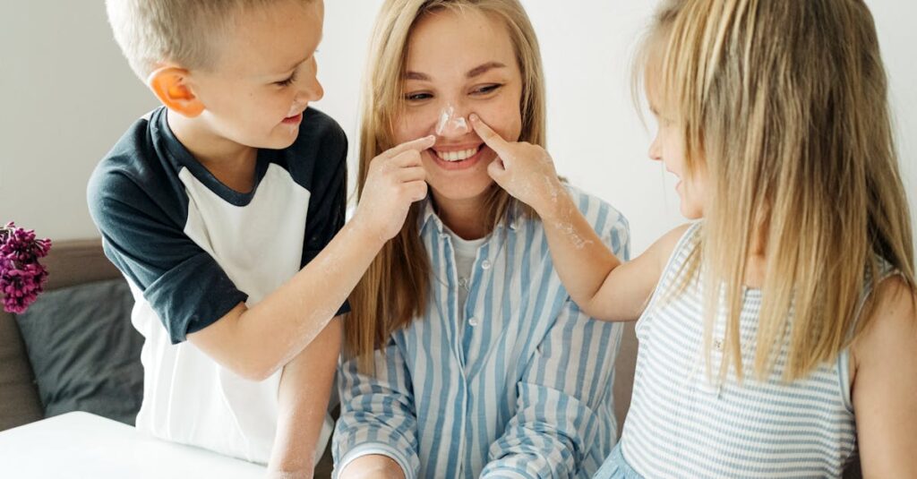 家族が勝ち負けよりも楽しむことを大切にしながらボードゲームをプレイしている。過程の大切さを表現