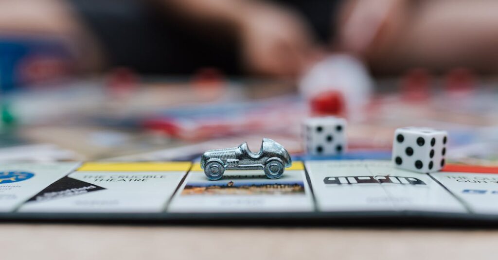 家族や親戚、友人と一緒に楽しむボードゲームのシーン。笑顔で遊ぶ団らんの風景。