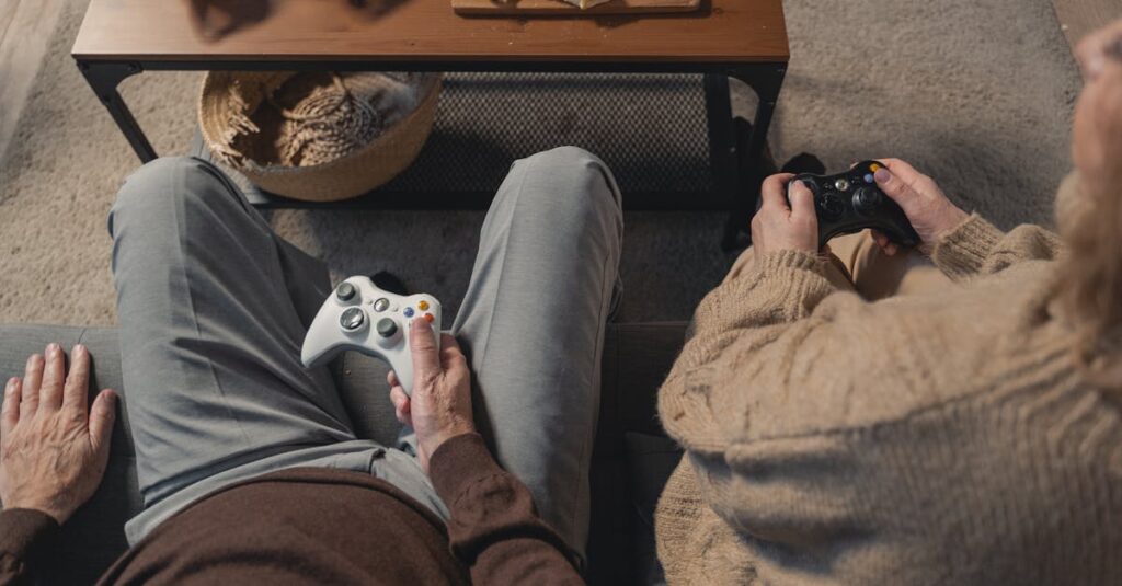 リビングで家族全員がテレビゲームをプレイしている様子。ソファに座ってコントローラーを握り、笑顔で画面を見つめている。