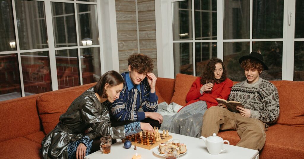 若者グループがパーティーでボードゲームを楽しみ爆笑している様子