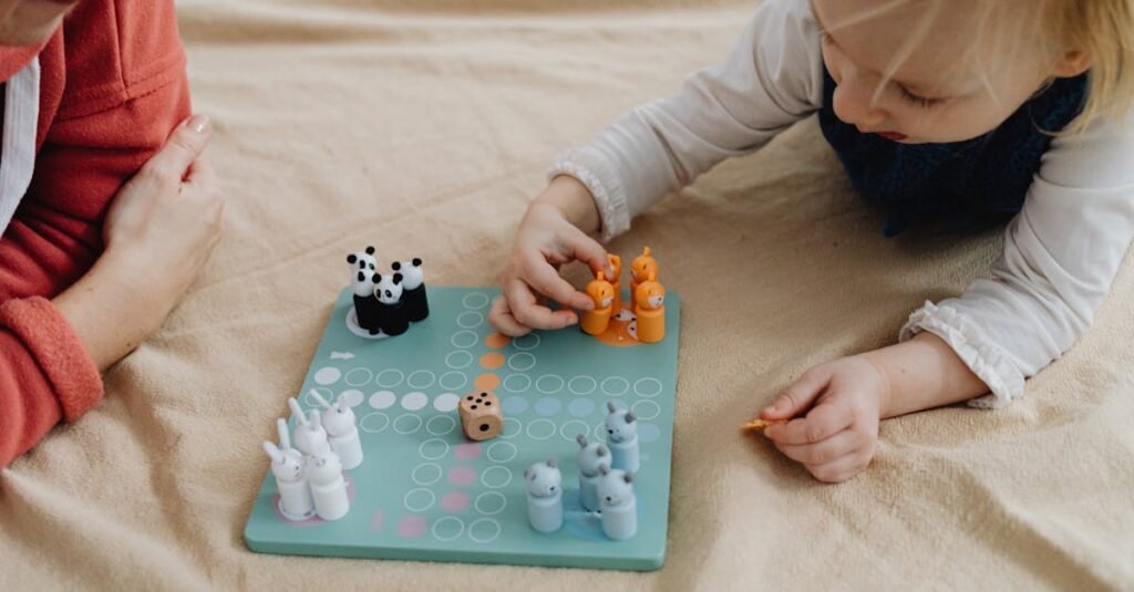 家族全員で冬の室内でボードゲームを楽しむ様子。笑顔と団らんがあふれる暖かい空間。