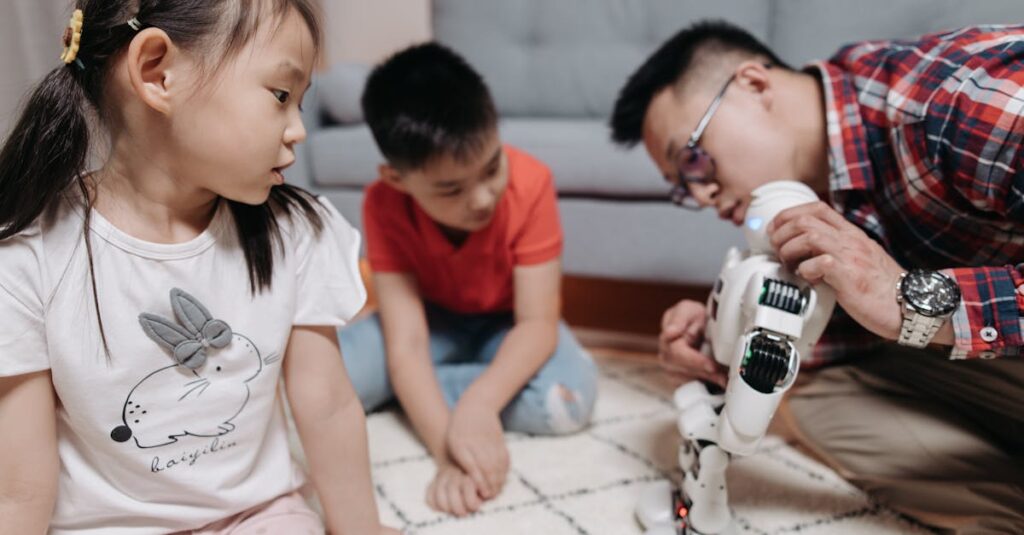 家族が笑顔でボードゲームを通じて未来を育てている。ずるゆる流の知育ライフの温かい雰囲気を表現