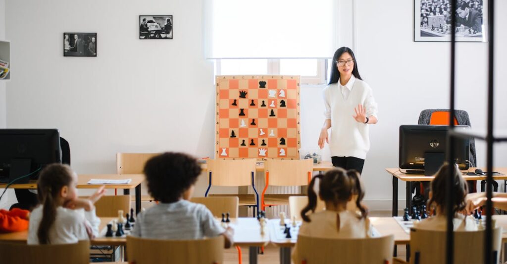 中学生が教室でボードゲームに熱中して盛り上がっている様子を描いたイラスト