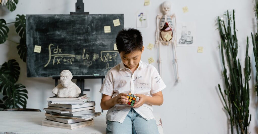 子どもが算数ボードゲームで笑顔になりながら学んでいる様子。遊びの中で数の概念を体験し、自然に算数力を伸ばしていく家庭学習シーン。